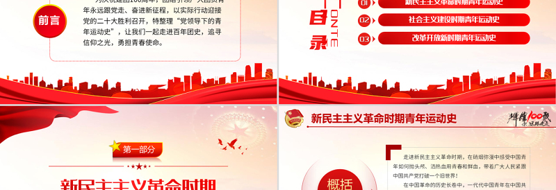 2025精美时尚党领导的青年运动史PPT红色党建风中国共青团成立100周年弘扬五四精神挥洒热血青春专题团课免费下载