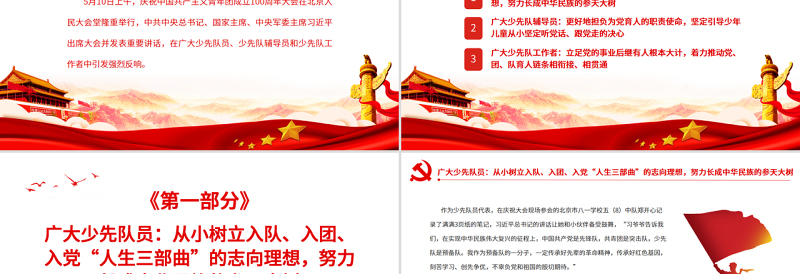 简洁大气奏响入队入团入党人生三部曲PPT在庆祝中国共产主义青年团成立一百周年大会上的重要讲话学习课件免费下载