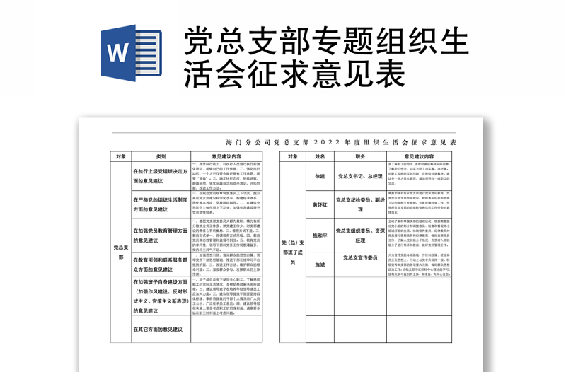 2025精品党总支部专题组织生活会征求意见表免费下载