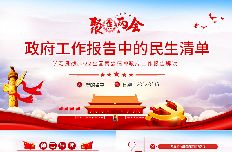 精品政府工作报告中的民生清单PPT学习贯彻2022全国两会精神政府工作报告解读党课课件免费下载