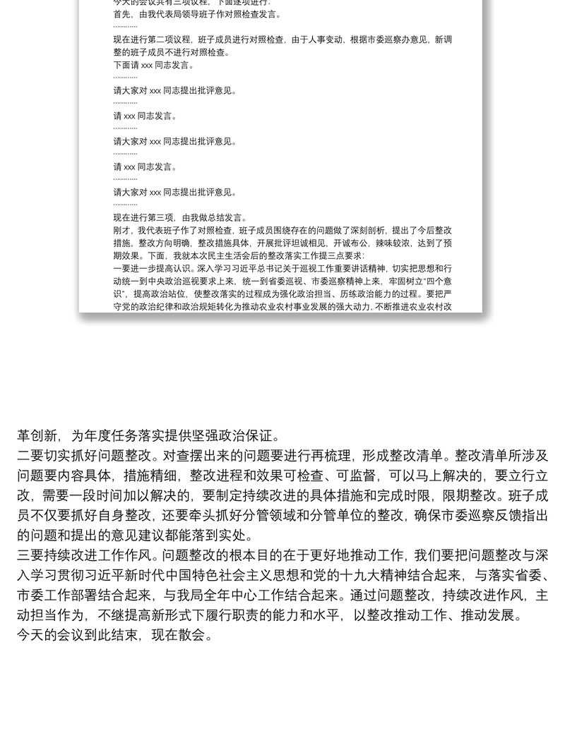 2025精品X局落实市委巡察反馈意见整改专题民主生活会主持词免费下载
