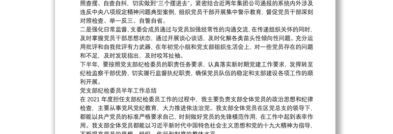 2025全新党支部纪检委员半年工作总结免费下载