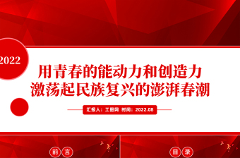 2025用青春的能动力和创造力激荡起民族复兴的澎湃春潮PPT红色大气风青年微党课课件模板免费下载